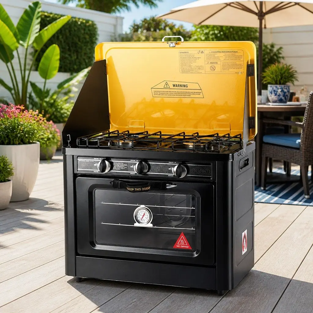 Portable Gas Oven Stove Black Yellow Dual Burner Outdoor Cooking