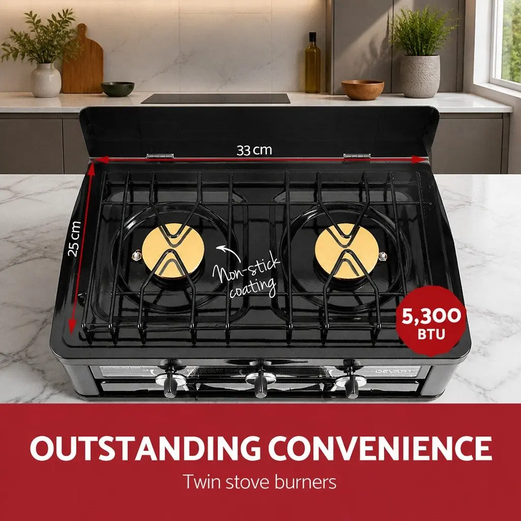 Portable Gas Oven Stove Silver Twin Burners Outdoor Cooking LPG