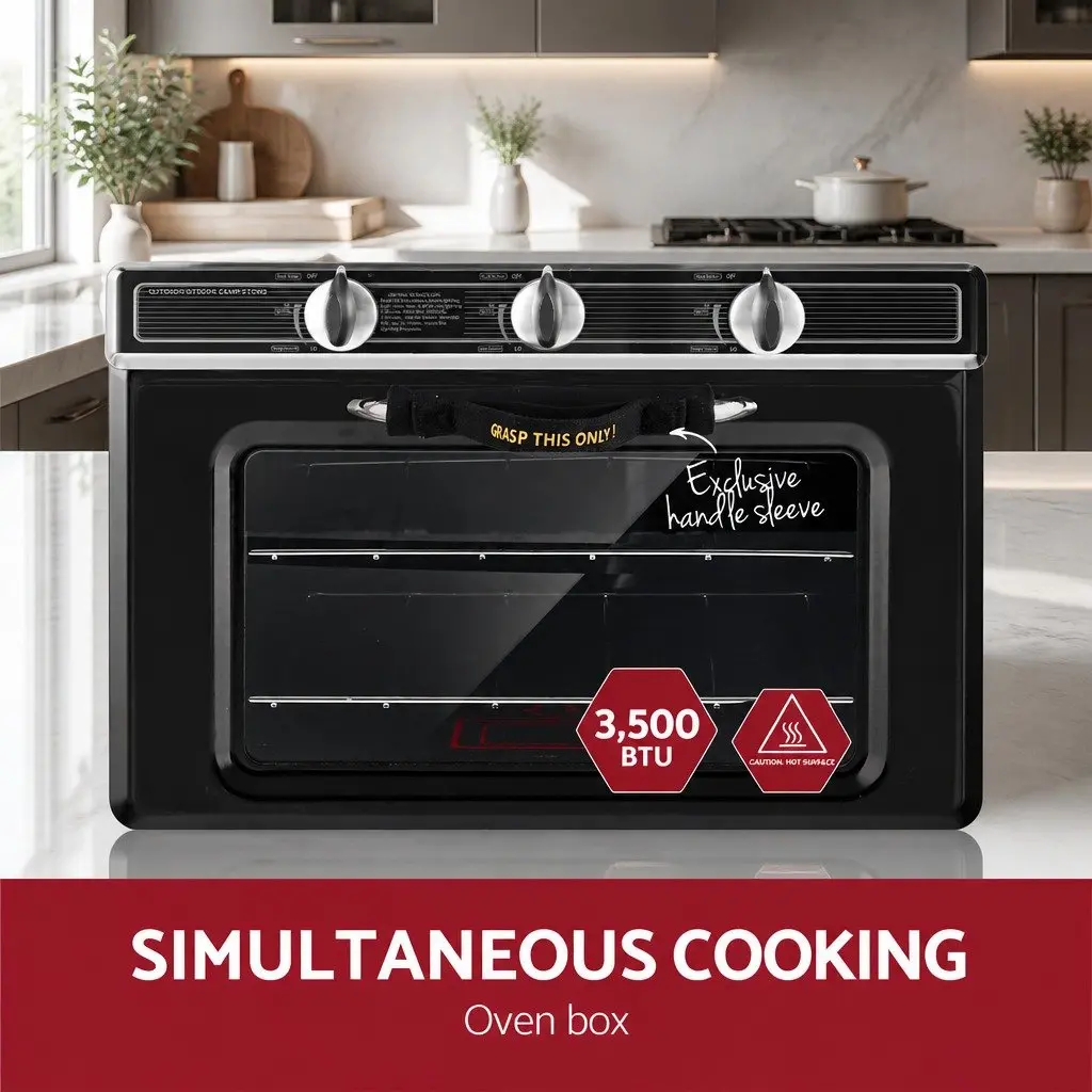 Portable Gas Oven Stove Silver Twin Burners Outdoor Cooking LPG