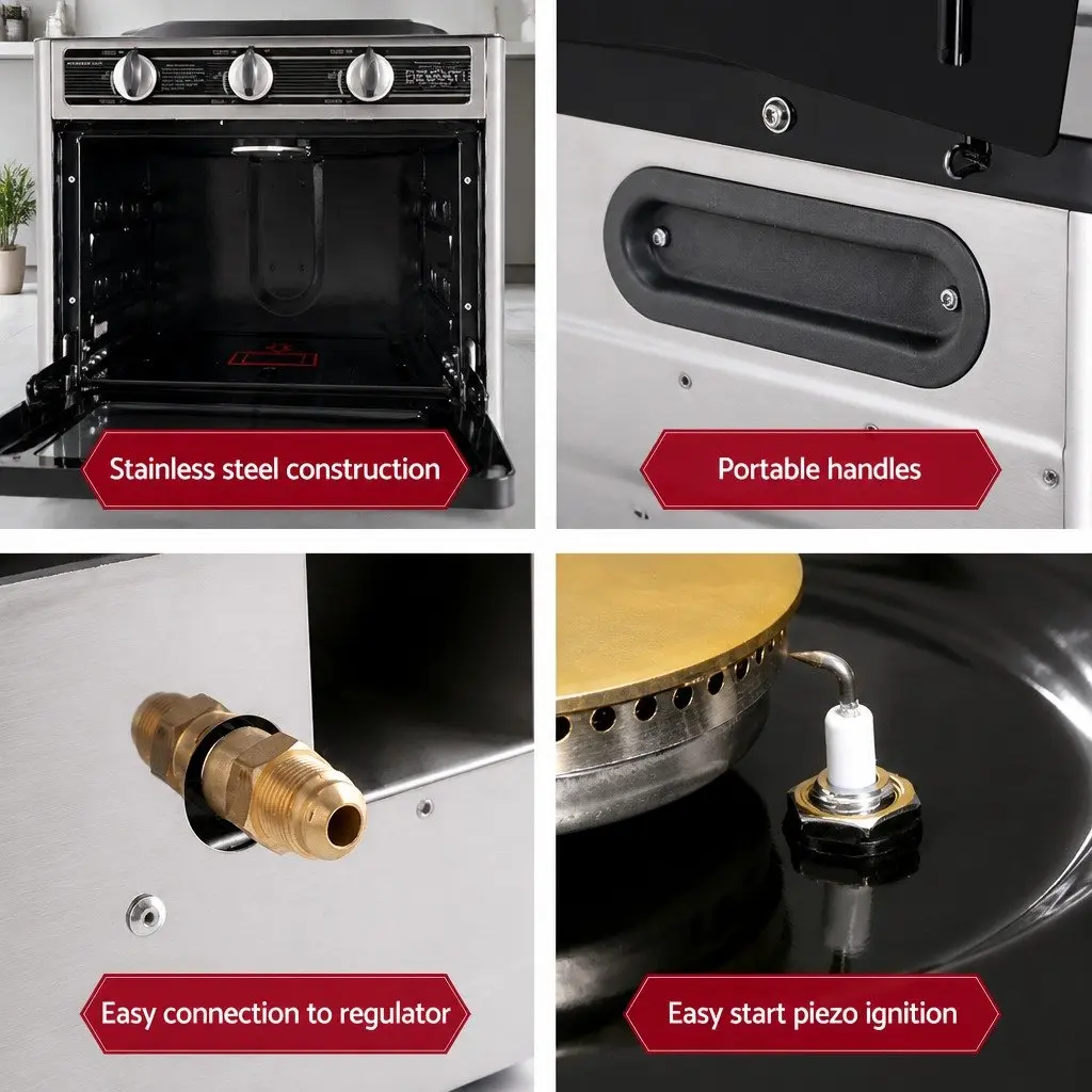Portable Gas Oven Stove Silver Twin Burners Outdoor Cooking LPG