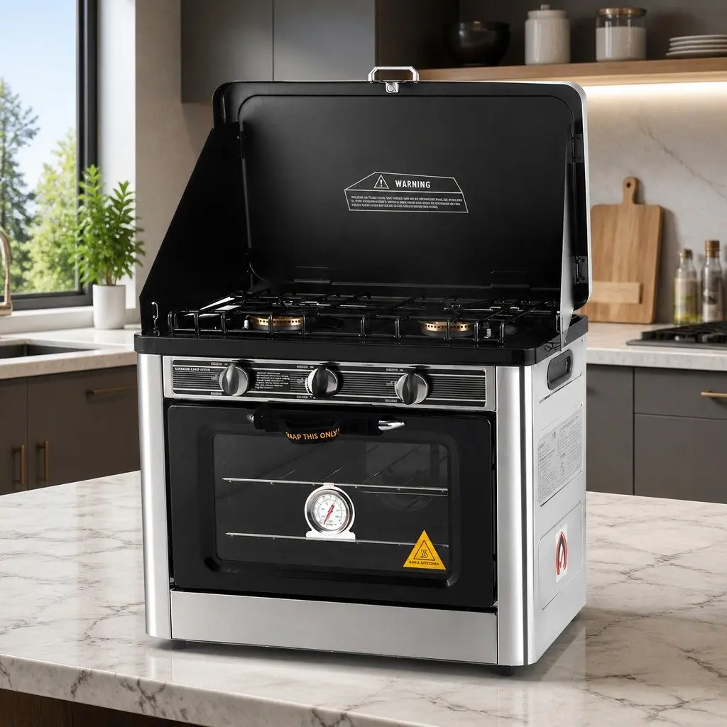 Portable Gas Oven Stove Silver Twin Burners Outdoor Cooking LPG
