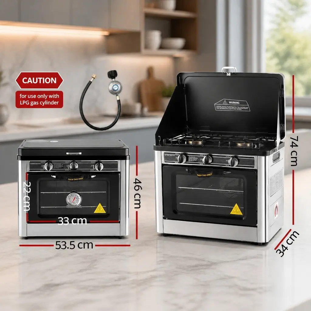 Portable Gas Oven Stove Silver Twin Burners Outdoor Cooking LPG