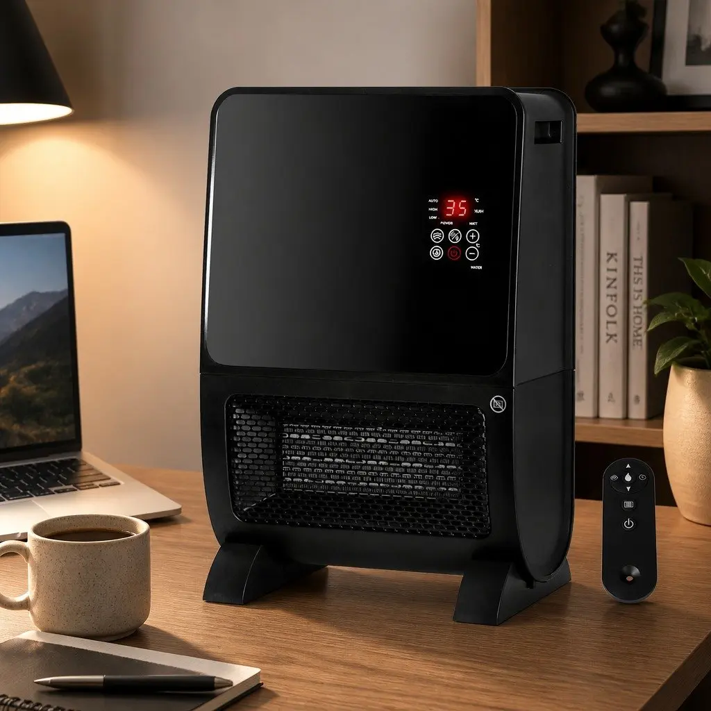 Portable Space Heater Humidifier Black 2000W Ceramic Instant Heat Adjustable Speeds Remote Control