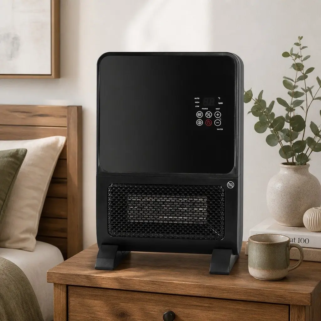Portable Space Heater Humidifier Black 2000W Ceramic Instant Heat Adjustable Speeds Remote Control