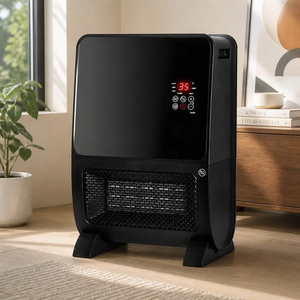 Portable Space Heater Humidifier Black 2000W Ceramic Instant Heat Adjustable Speeds Remote Control