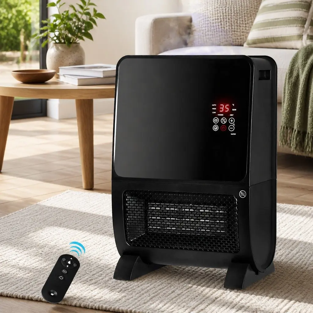 Portable Space Heater Humidifier Black 2000W Ceramic Instant Heat Adjustable Speeds Remote Control