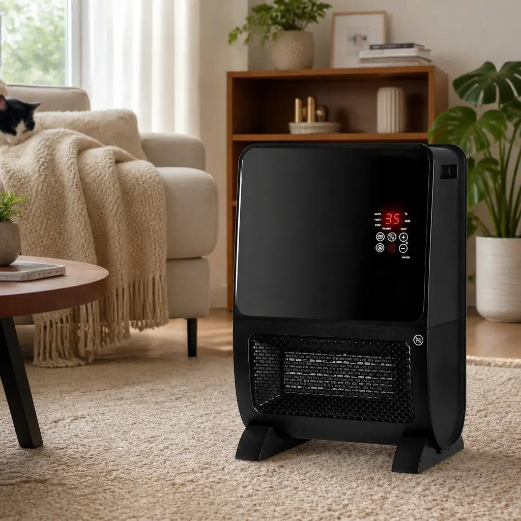 Portable Space Heater Humidifier Black 2000W Ceramic Instant Heat Adjustable Speeds Remote Control