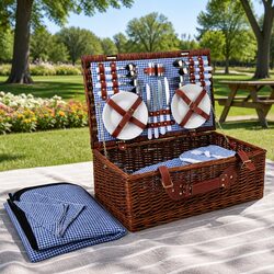 Compact 4 Person Picnic Basket Set with Insulated Cooler