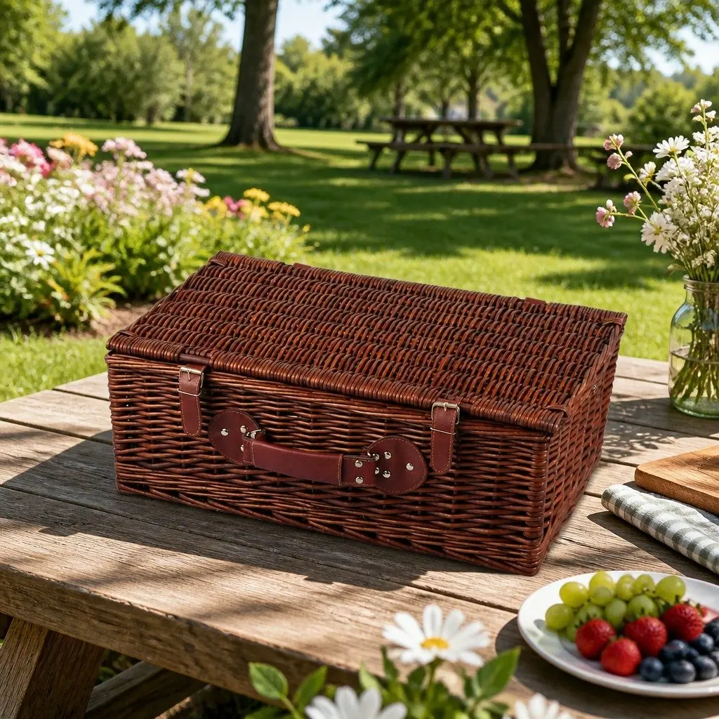 4 Person Picnic Basket Dark Grey Insulated Cooler Blanket Stainless Steel Cutlery