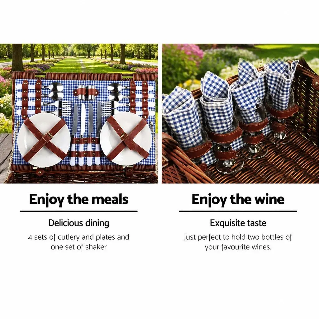 4 Person Picnic Basket Dark Grey Insulated Cooler Blanket Stainless Steel Cutlery