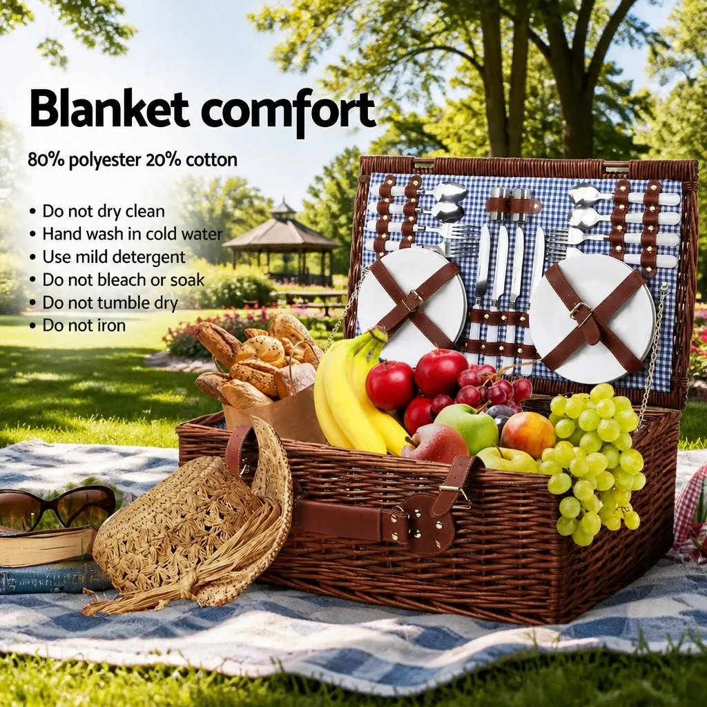 4 Person Picnic Basket Dark Grey Insulated Cooler Blanket Stainless Steel Cutlery