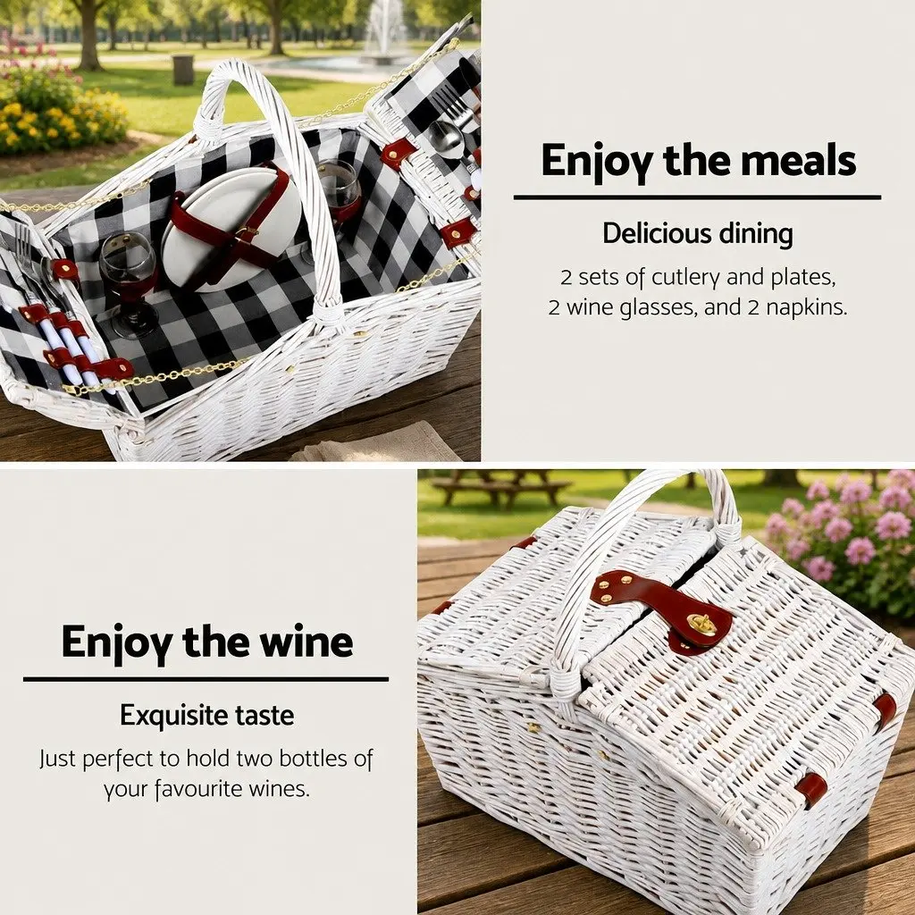 2 Person Picnic Basket Set White Willow Insulated Ground Blanket Wine Glasses Cutlery