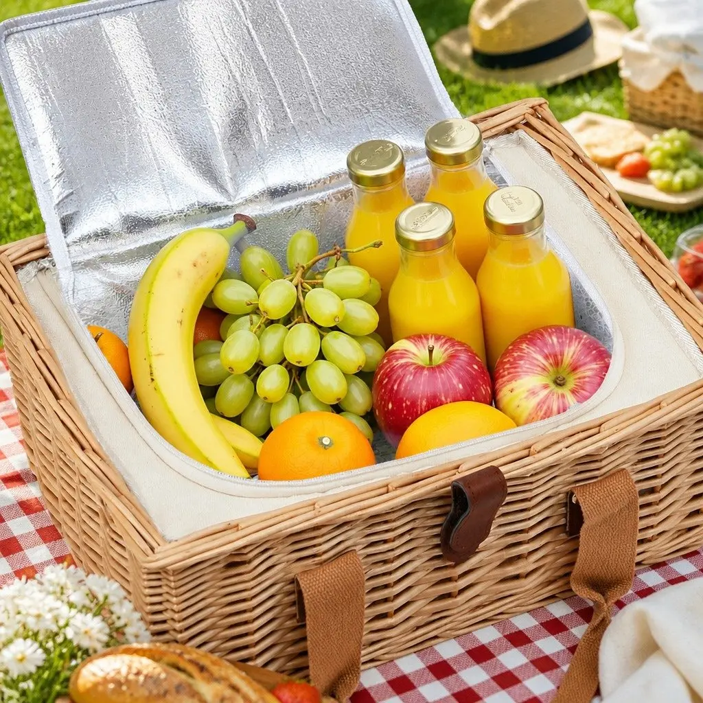 Picnic Basket Set Multicolour for 2 Person Willow Woven with Wood Table Insulated Cooler Blanket
