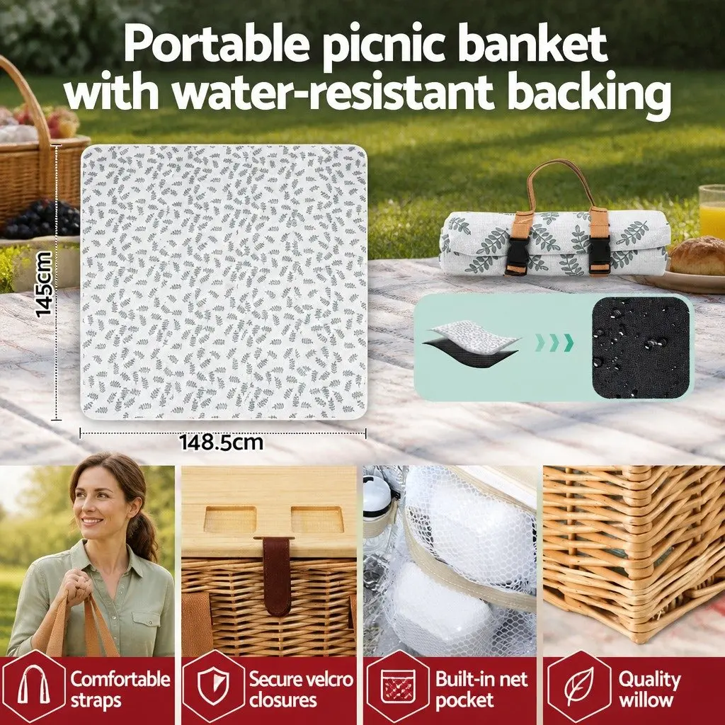 Picnic Basket Set Multicolour for 2 Person Willow Woven with Wood Table Insulated Cooler Blanket