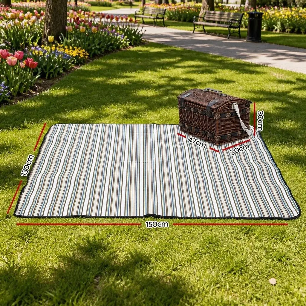 Picnic Basket Set Brown 4 Person Willow Wooden Outdoor with Insulated Cooler and Colour Matching Blanket