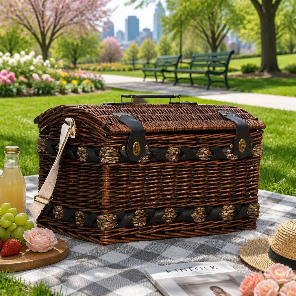 Picnic Basket Set Brown 4 Person Willow Wooden Outdoor with Insulated Cooler and Colour Matching Blanket