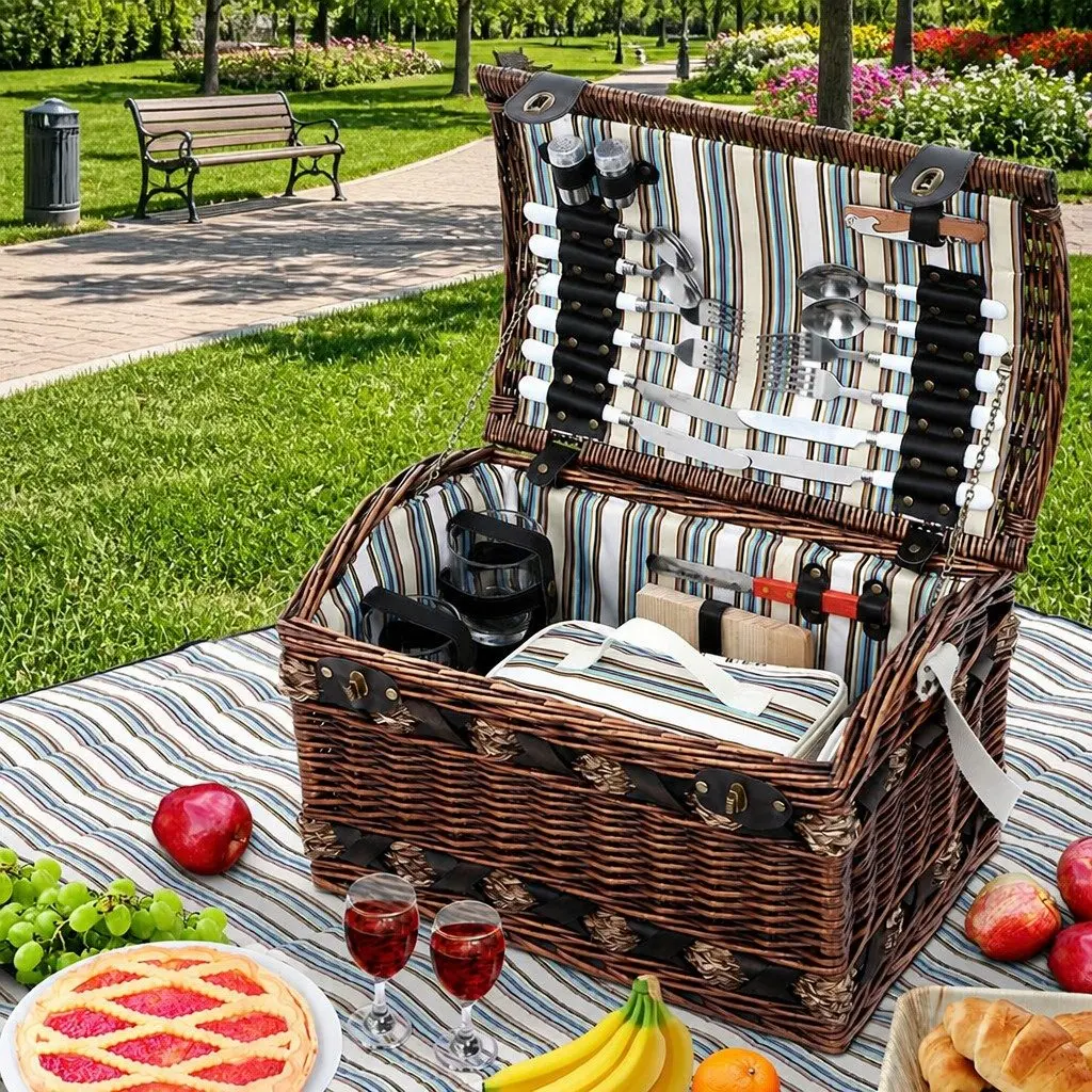 Picnic Basket Set Brown 4 Person Willow Wooden Outdoor with Insulated Cooler and Colour Matching Blanket