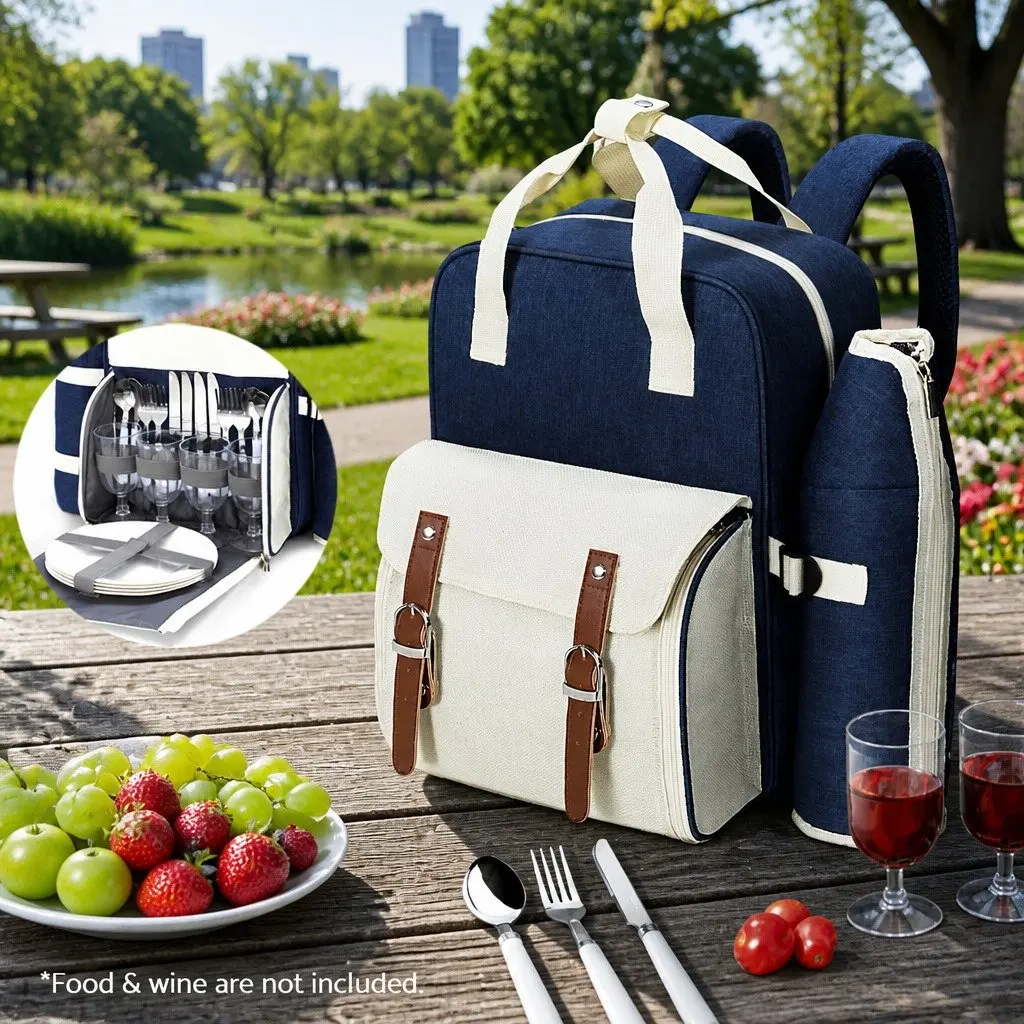 4 Person Picnic Backpack Set Blue Beige Insulated Cooler Bag for Outdoor Family Gatherings