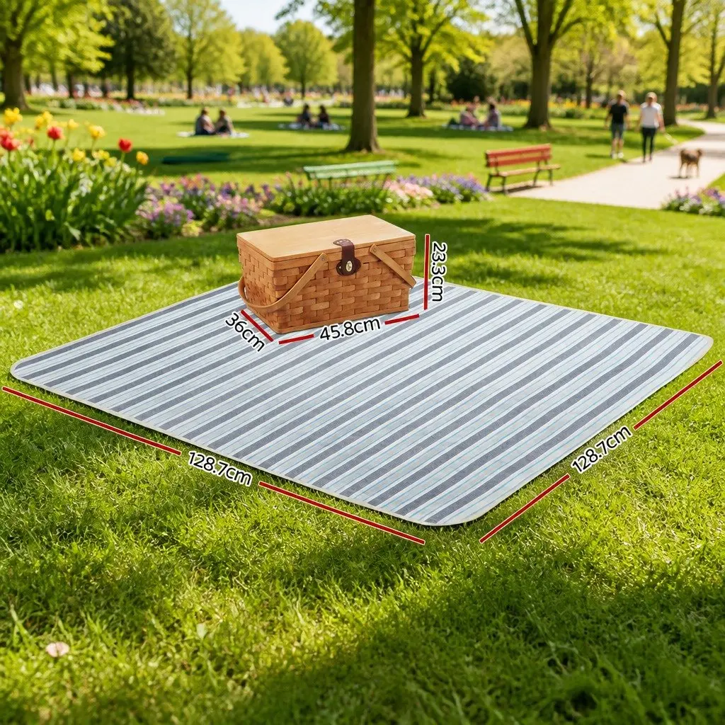 4 Person Picnic Basket Set Brown Wooden Cooler Bag with Blanket for Outdoor Family Gatherings