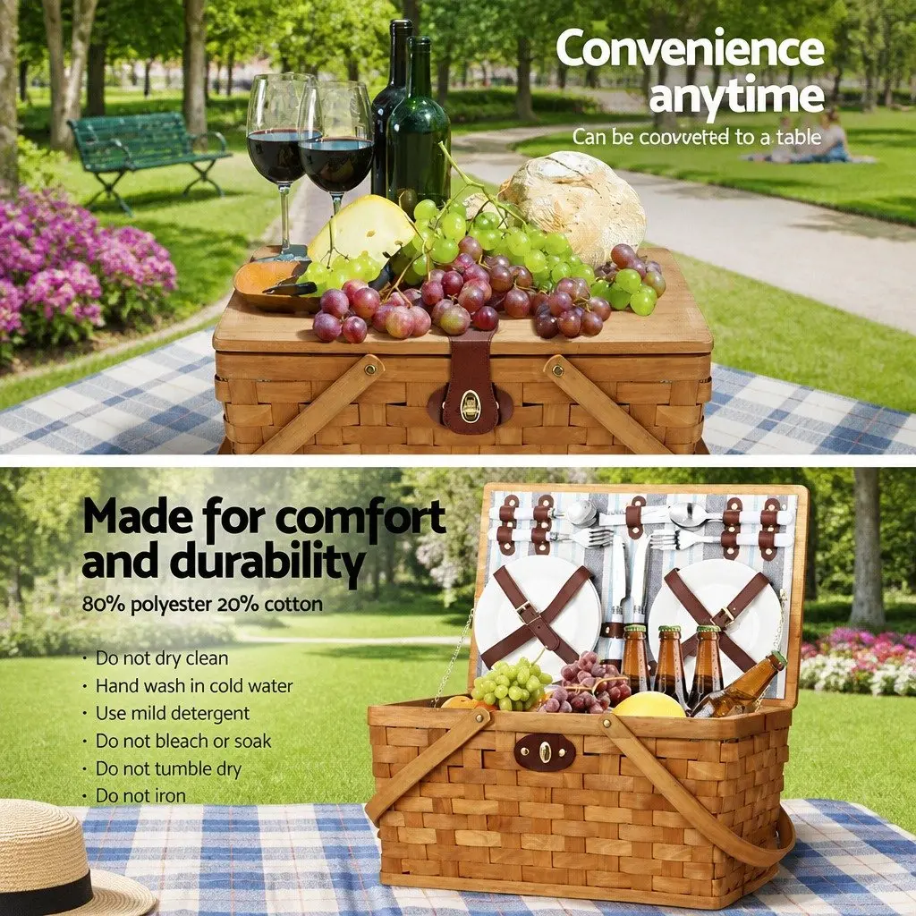 4 Person Picnic Basket Set Brown Wooden Cooler Bag with Blanket for Outdoor Family Gatherings