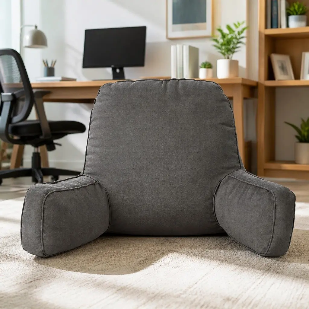 Reading Pillow Grey 49x49x15cm Ergonomic Armrests Sturdy Lumbar Support
