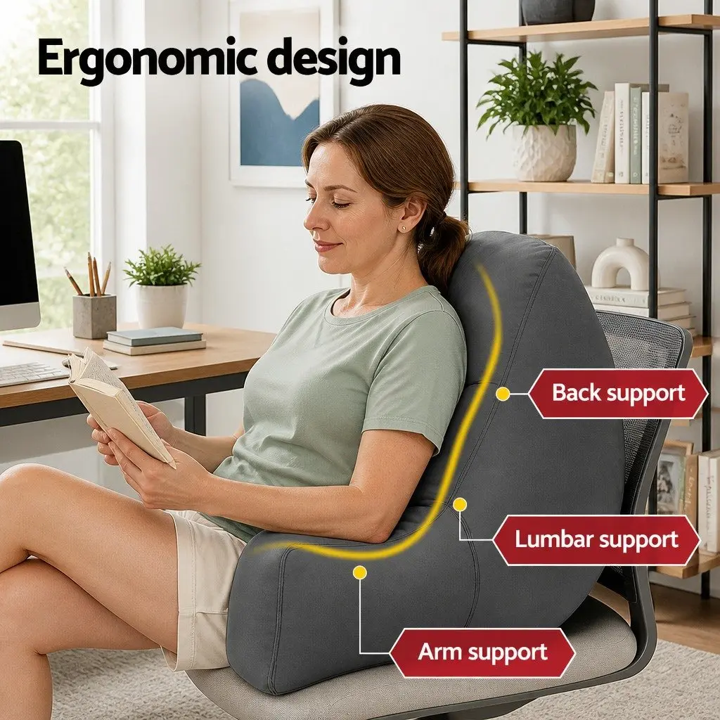 Reading Pillow Grey 49x49x15cm Ergonomic Armrests Sturdy Lumbar Support