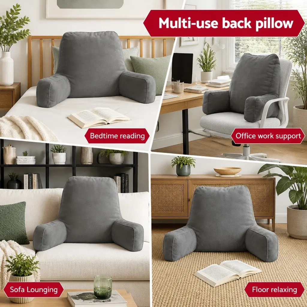 Reading Pillow Grey 49x49x15cm Ergonomic Armrests Sturdy Lumbar Support