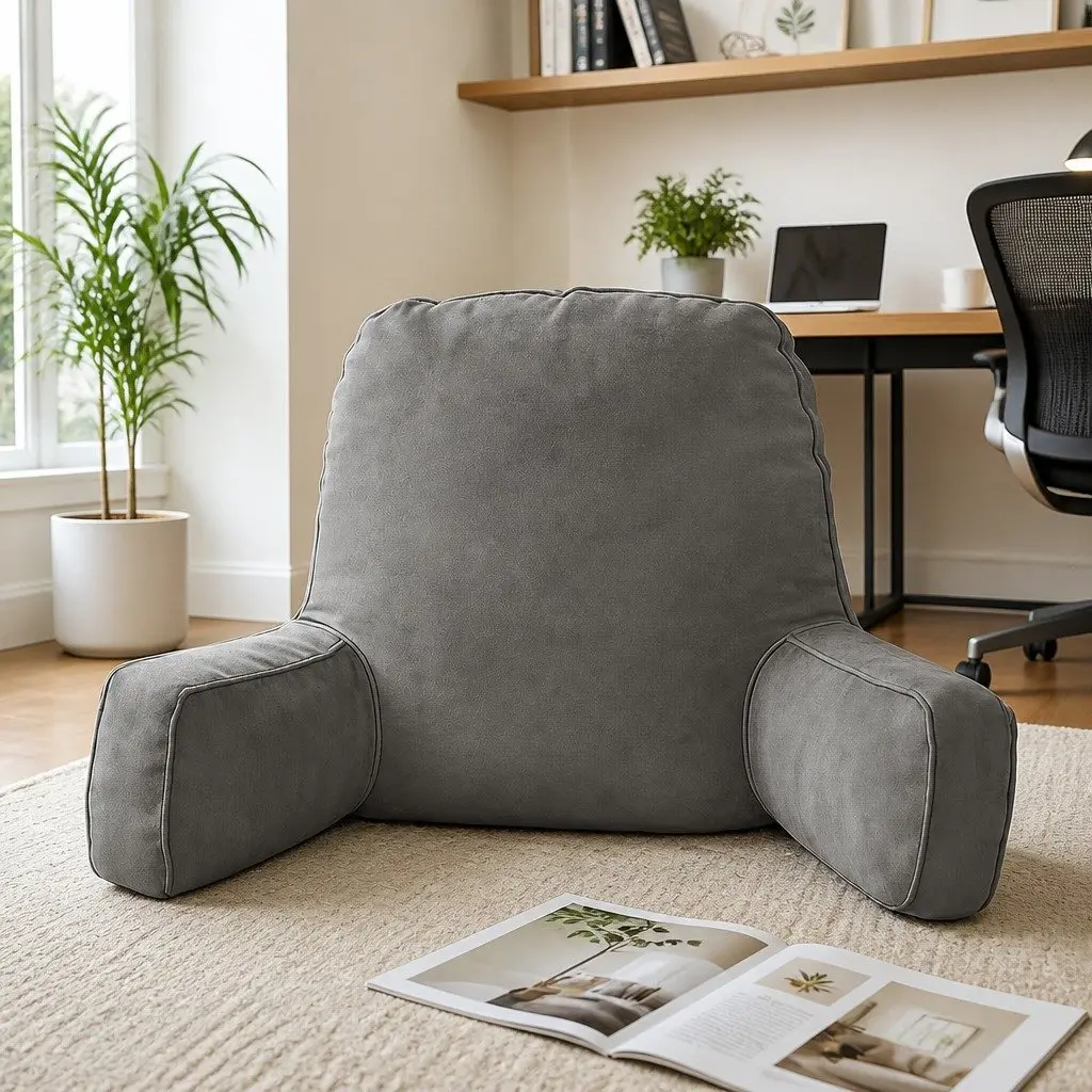 Reading Pillow Grey 49x49x15cm Ergonomic Armrests Sturdy Lumbar Support