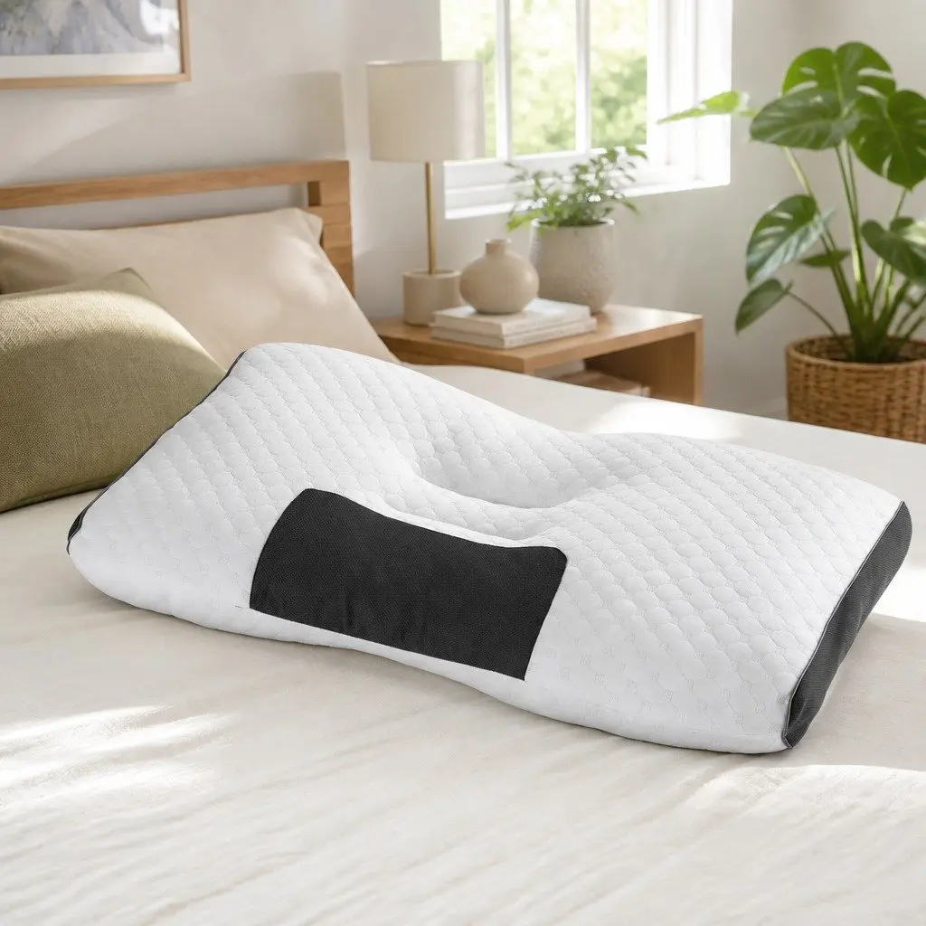 Ergonomic Contour Pillow Blue and White Adjustable Height Memory Foam Neck Support