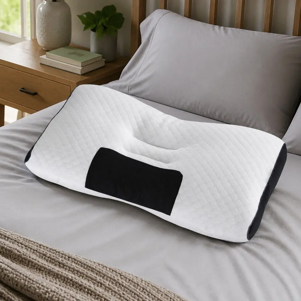 Ergonomic Contour Pillow Blue and White Adjustable Height Memory Foam Neck Support