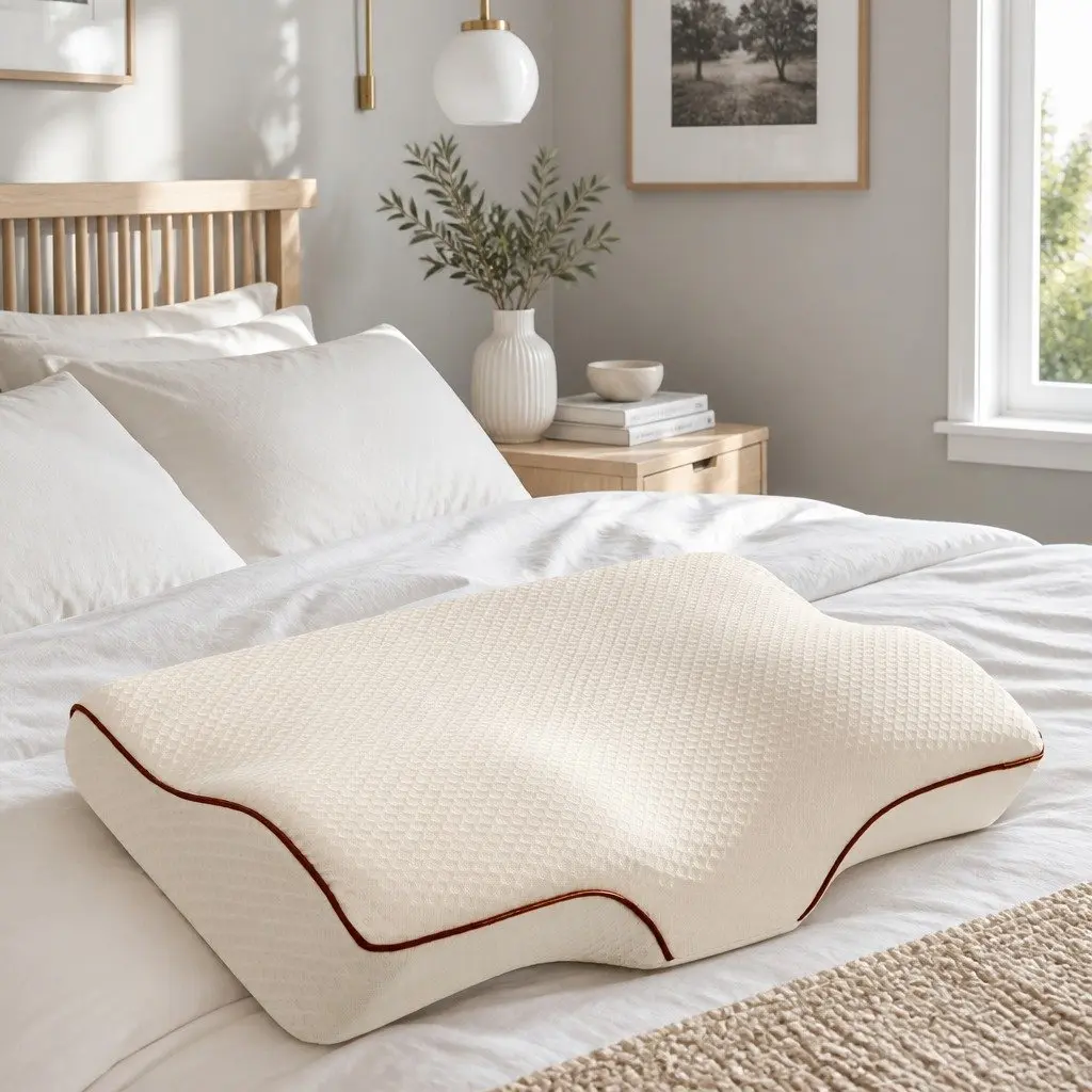 Memory Foam Pillow Beige 60cm Ergonomic Butterfly Neck Cervical Support Dual Height