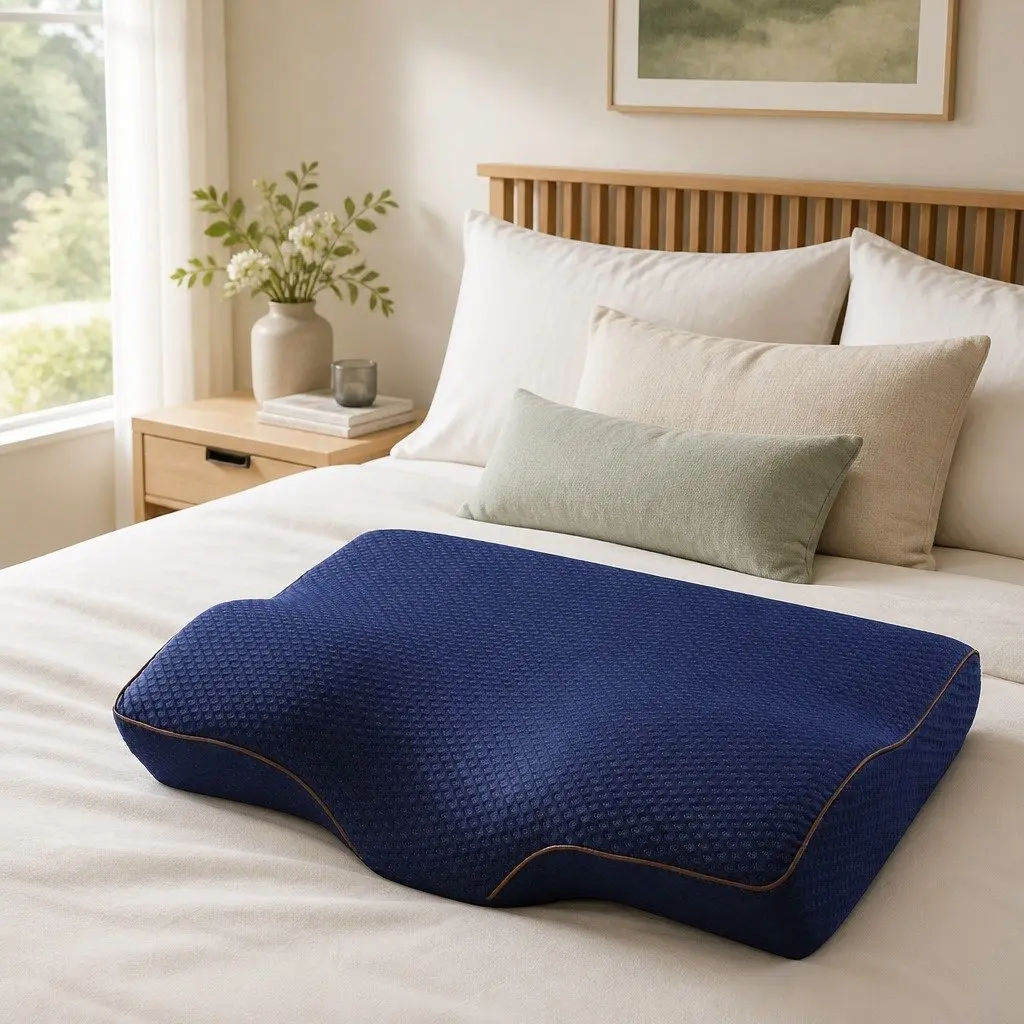 Memory Foam Pillow Navy Ergonomic Butterfly Contour Neck Cervical Support