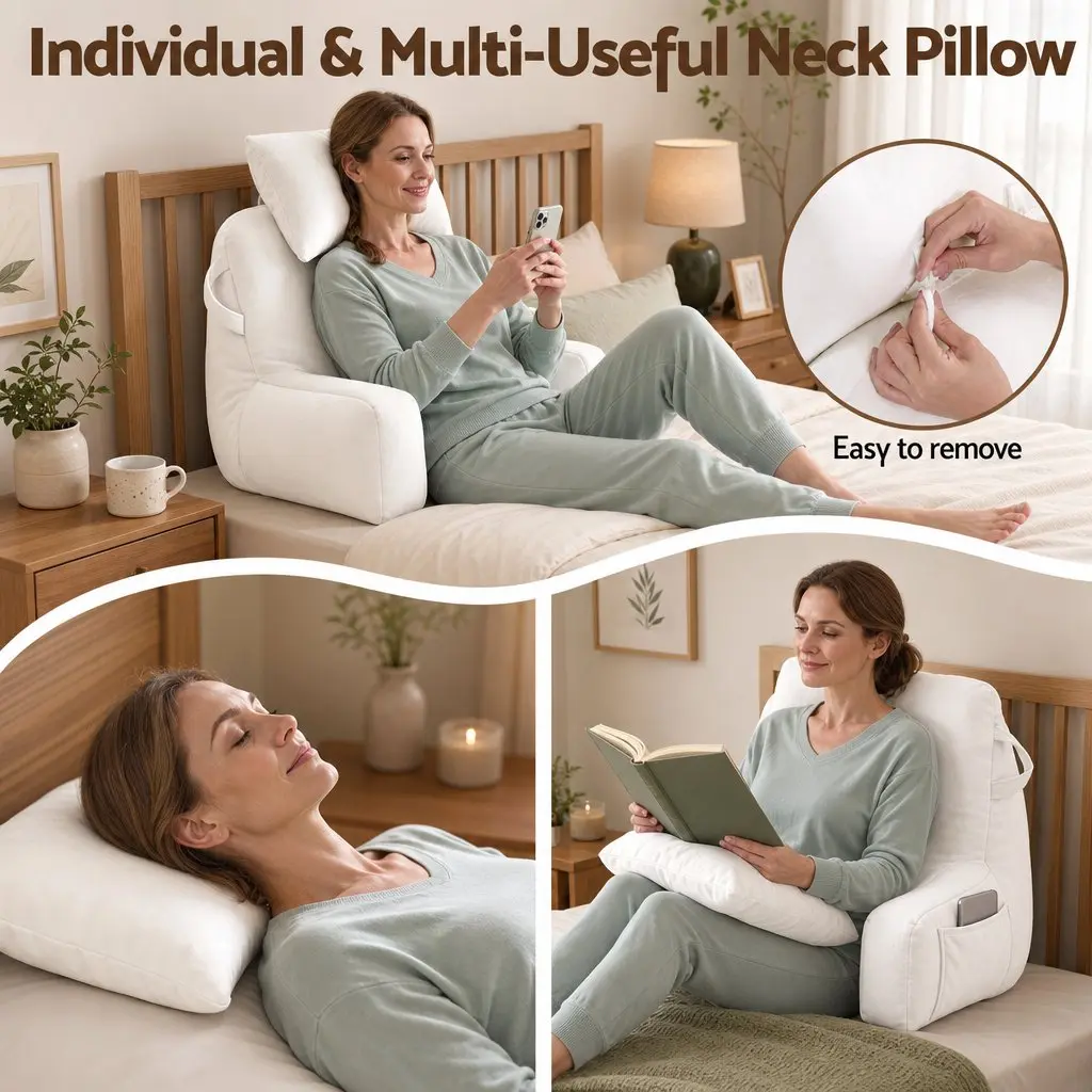 Reading Pillow Beige with Detachable Neck Roll Armrests Backrest Support