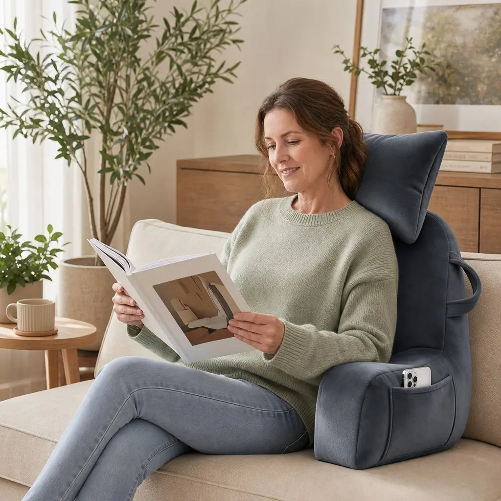Grey Reading Pillow with Armrests and Neck Roll