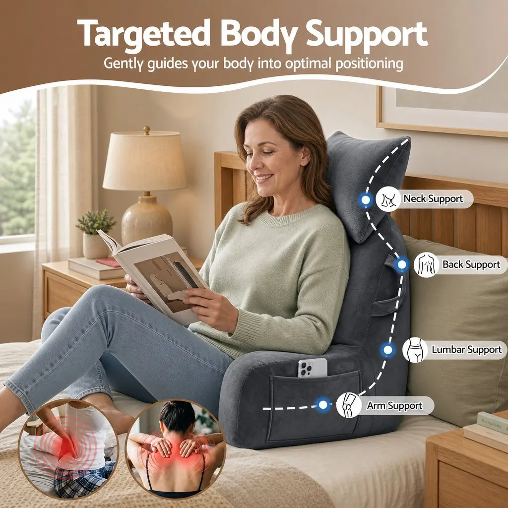 Reading Pillow with Detachable Neck Roll Armrests Back Support Lounging Grey