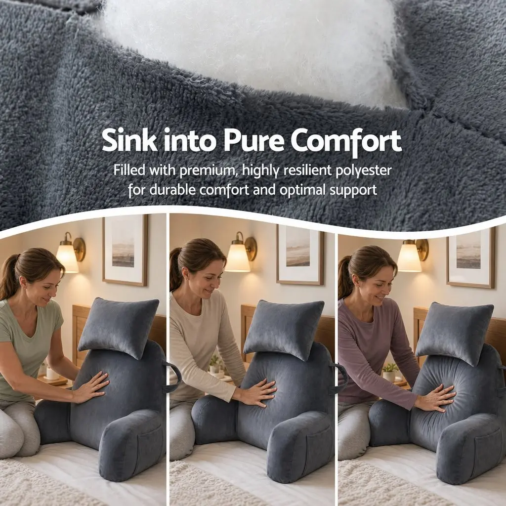 Reading Pillow with Detachable Neck Roll Armrests Back Support Lounging Grey