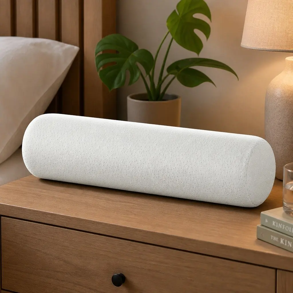Memory Foam Neck Roll Pillow White 45cm Contours to Body Shape Removable Bamboo Cover