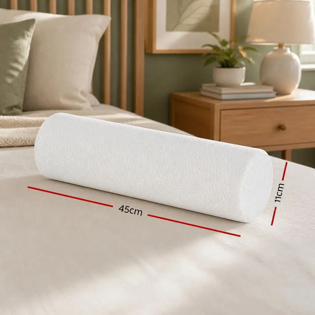 Memory Foam Neck Roll Pillow White 45cm Contours to Body Shape Removable Bamboo Cover