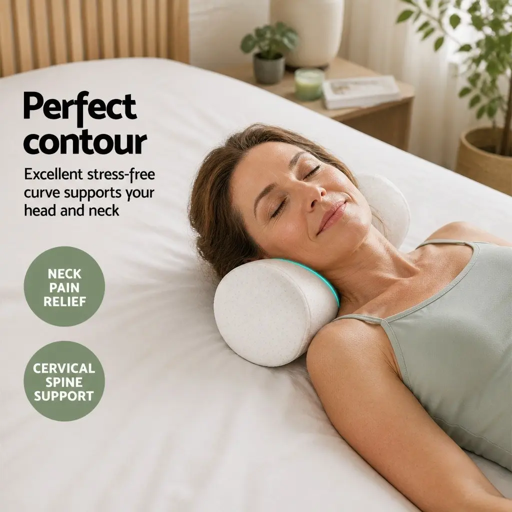 Memory Foam Neck Roll Pillow White 45cm Contours to Body Shape Removable Bamboo Cover