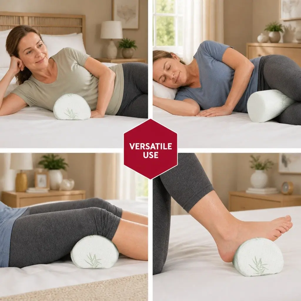 Memory Foam Neck Roll Pillow White 45cm Contours to Body Shape Removable Bamboo Cover