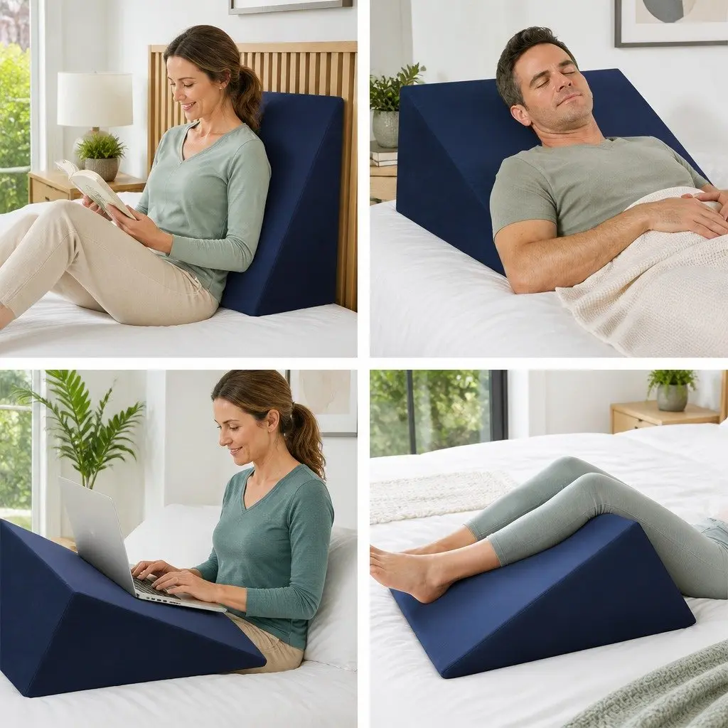 Bed Wedge Pillow Memory Foam Back Support Elevate Upper Body Legs Blue White