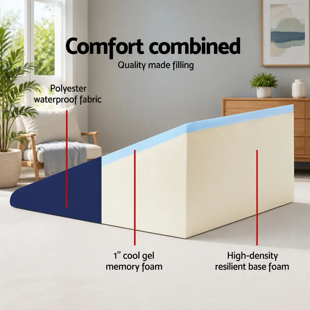 Bed Wedge Support Pillow Blue 62 x 64 x 30cm Cool Gel Memory Foam Removable Waterproof Cover