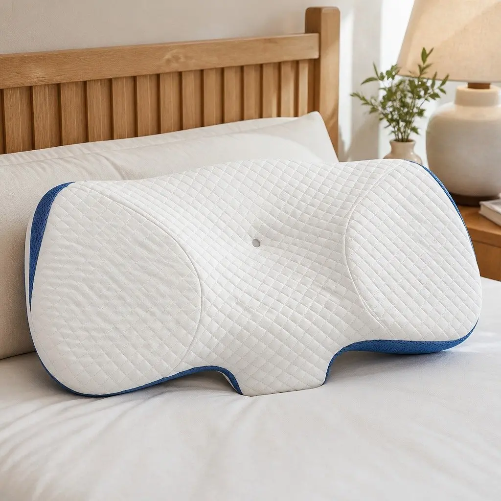 Memory Foam Pillow Neck Support Ergonomic Design Breathable Pillowcase Blue
