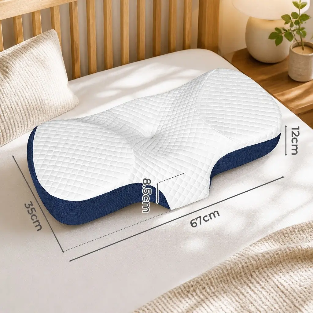 Memory Foam Pillow Neck Support Ergonomic Design Breathable Pillowcase Blue
