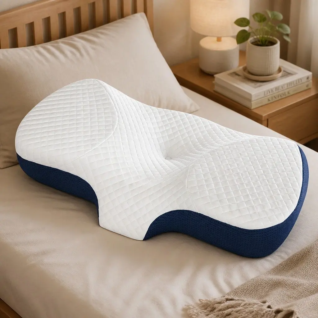 Memory Foam Pillow Neck Support Ergonomic Design Breathable Pillowcase Blue