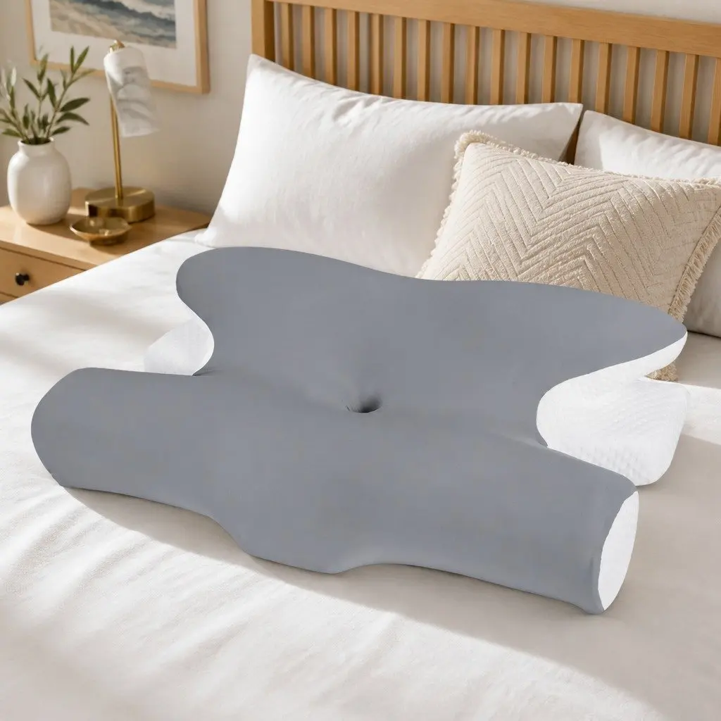 Ergonomic Cervical Neck Pillow White Light Grey Dual Height Memory Foam Contoured Support