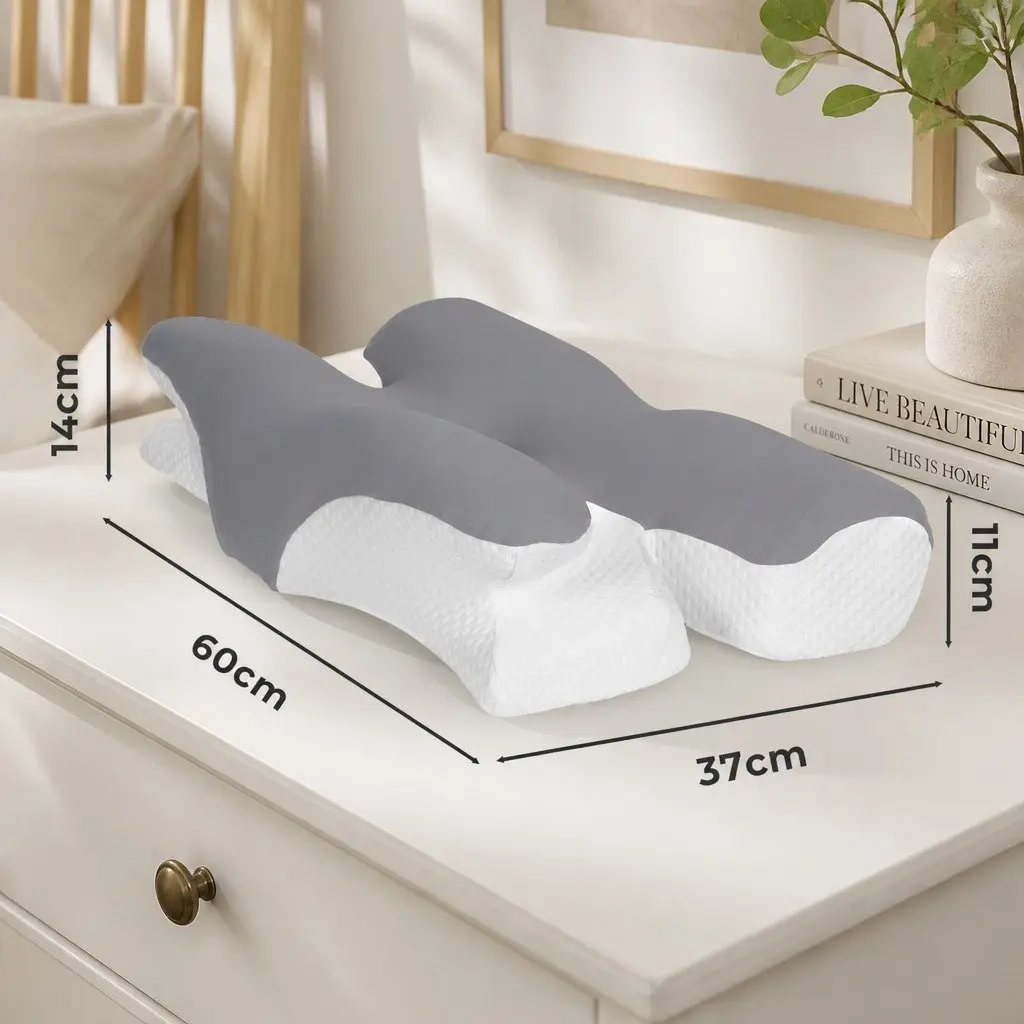 Ergonomic Cervical Neck Pillow White Light Grey Dual Height Memory Foam Contoured Support