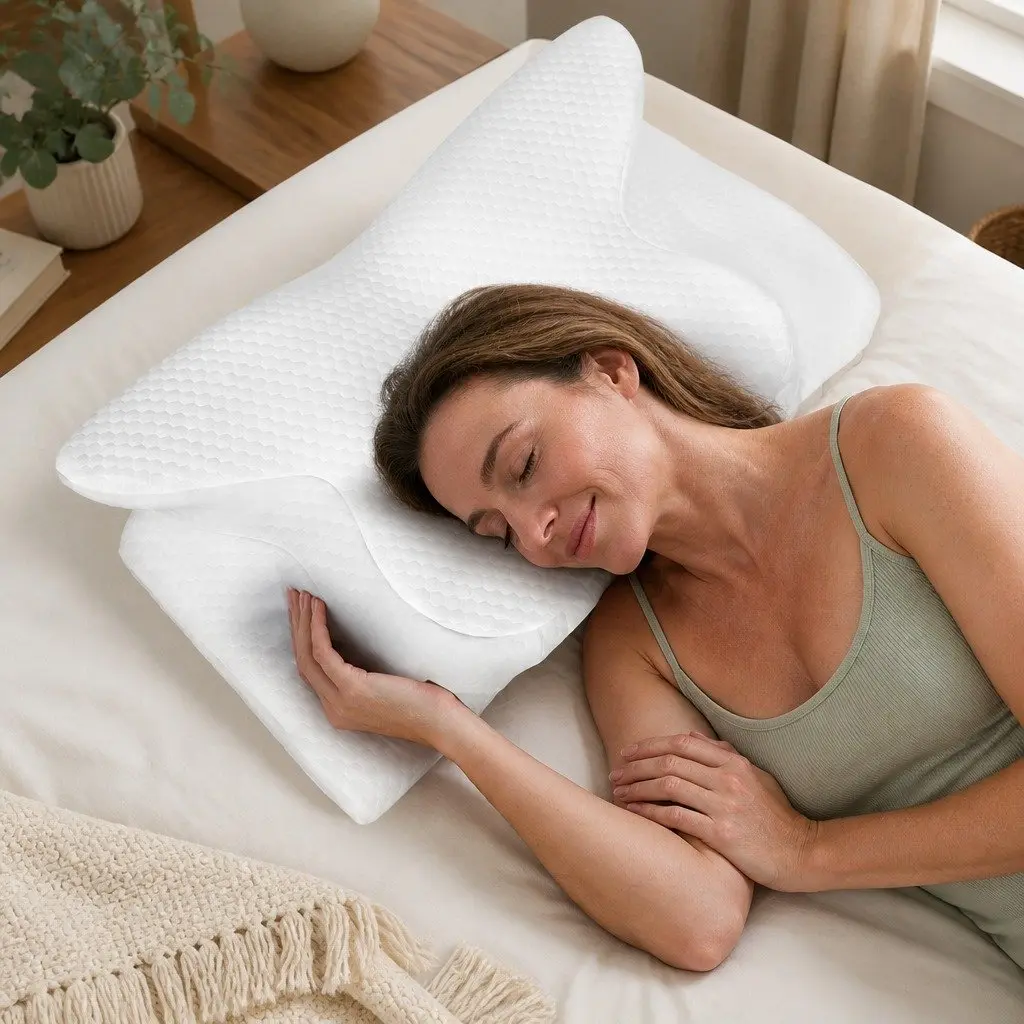 Cervical Neck Pillow White 63x39cm Ergonomic Support Contoured Cooling Memory Foam