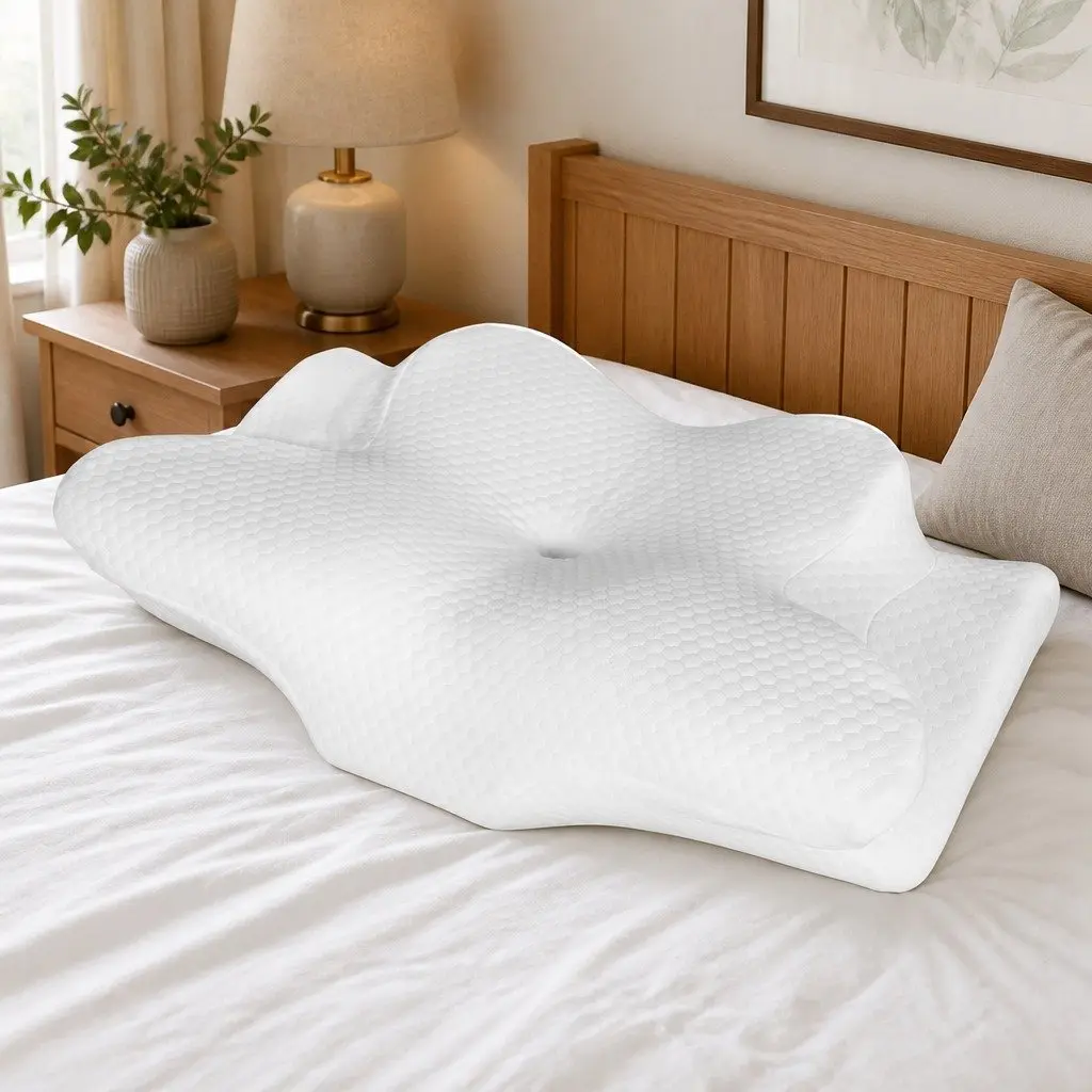 Cervical Neck Pillow White 63x39cm Ergonomic Support Contoured Cooling Memory Foam