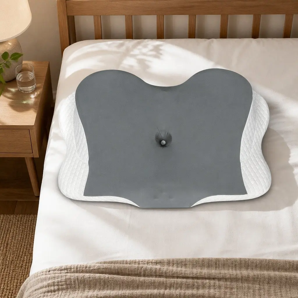 Memory Foam Cervical Neck Pillow White Grey Ergonomic Support for Back Side Stomach Sleepers